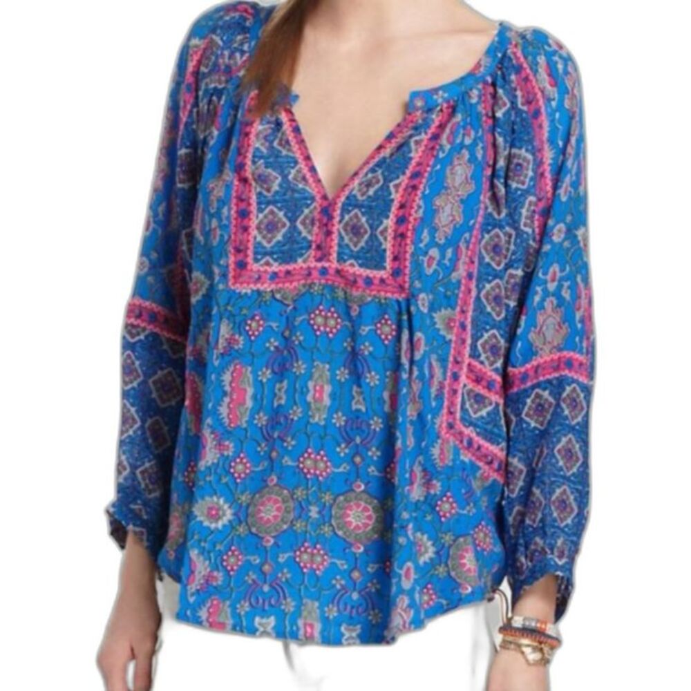 Tolani Women's NWOT Blue Multicolor Paisley Silk V-Neck LS Flowy Boho Top Size L
